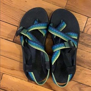 Blue and green Chacos